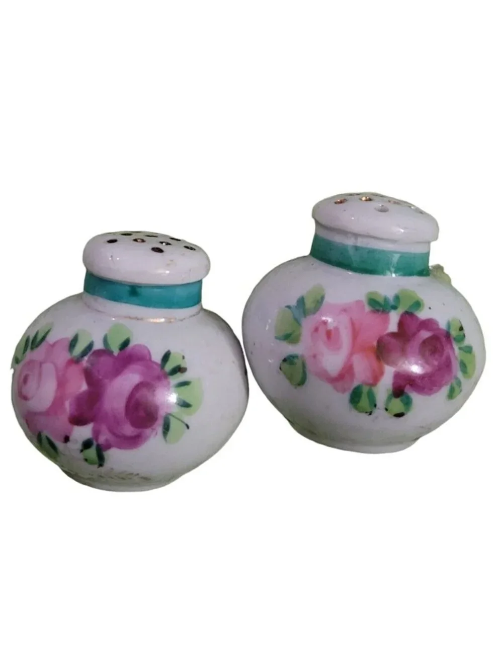 Porcelain Salt Pepper Shakers White Red Pink Roses Green Neck Banding Corks Vtg